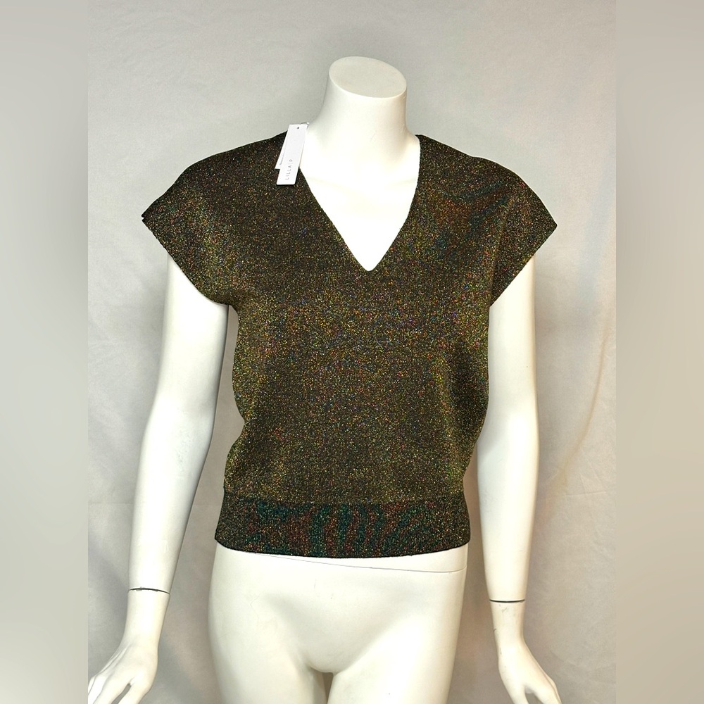 Lilla P Size XS Cotton/Cashmere Blend Black and Shiny Gold V-Neck Top